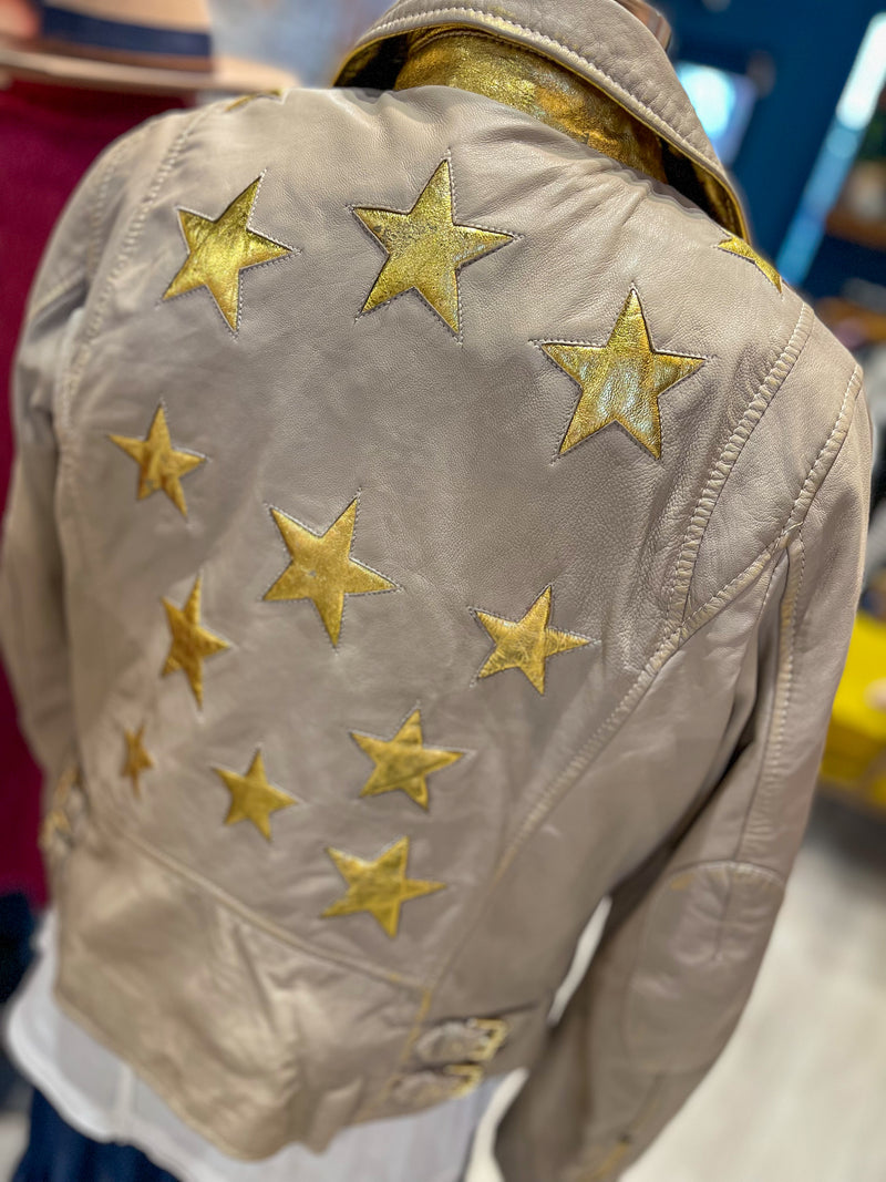 Beige Gold Stars Leather Jacket