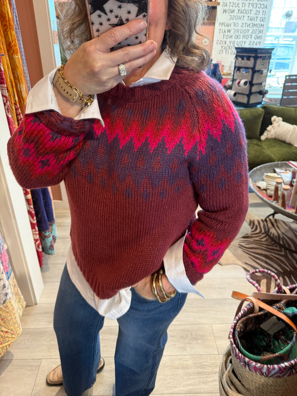 Wooden Ships Jaxon Fair Isle Sweater in Velvety Plum