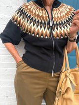 Fair Isle Mock Neck Zip-Up Cardigan