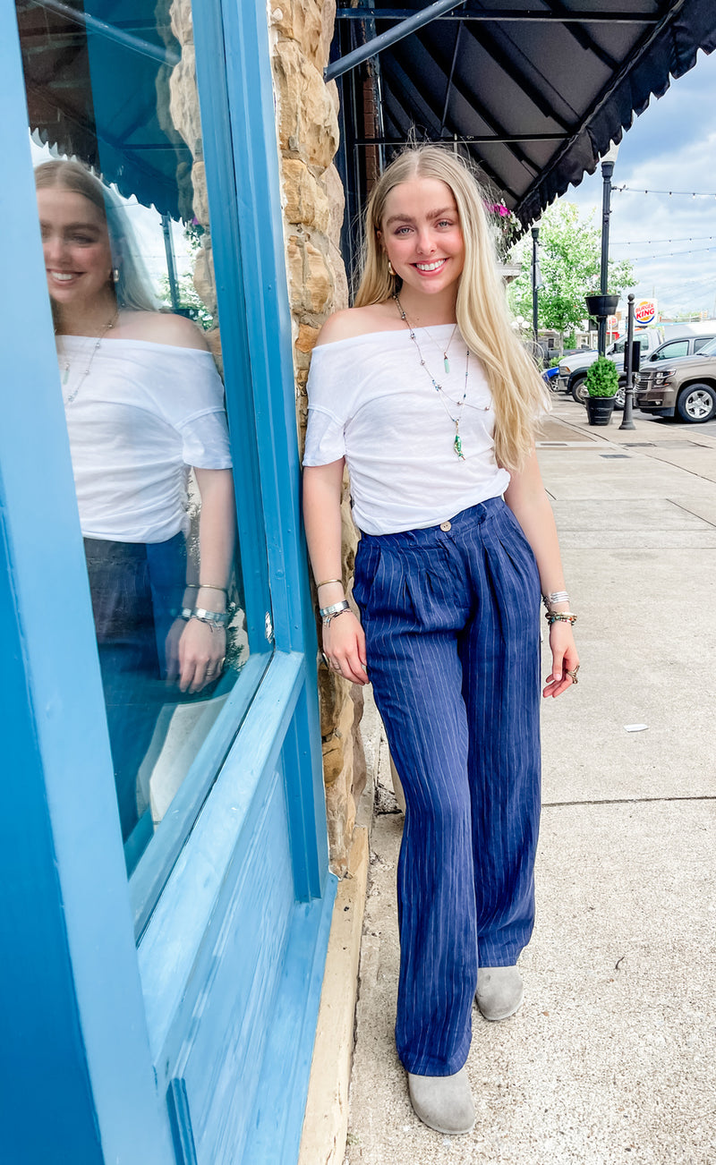 Navy Pinstripe Linen Trouser