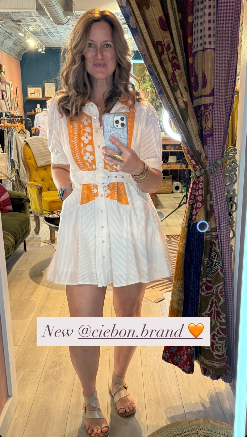 Ciebon Orange & White Embroidered Shirt Dress