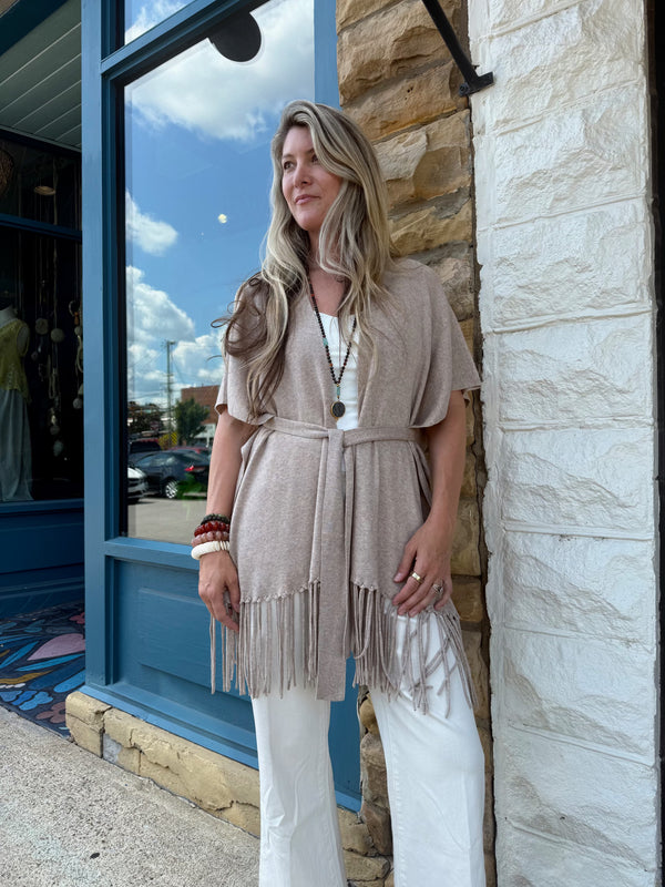 Fringe Tied Cardi in Oatmeal