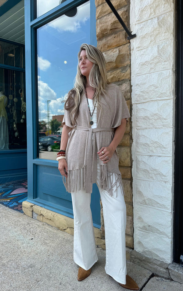 Fringe Tied Cardi in Oatmeal