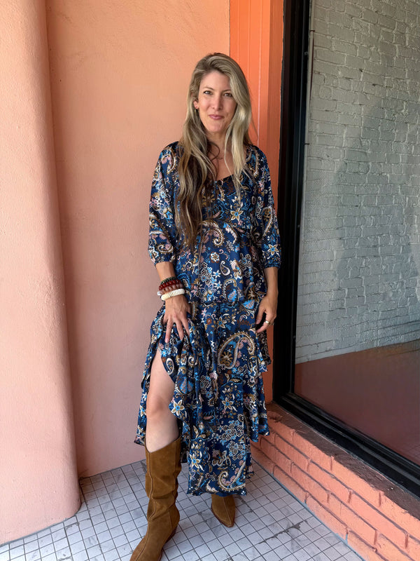 Skies Are Blue Printed Satin Tiered Navy Dress