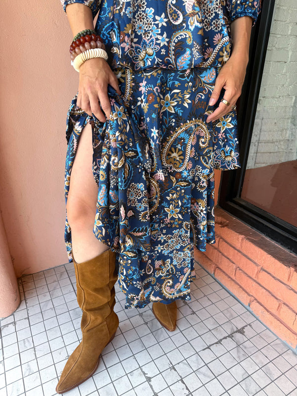 Skies Are Blue Printed Satin Tiered Navy Dress