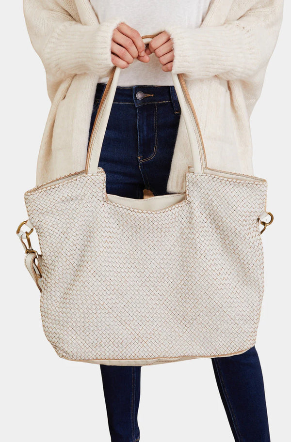 Braided Leather White Tote Bag