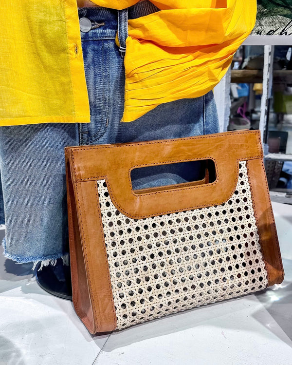 Rattan Cane Weave Tote with Brown Leather