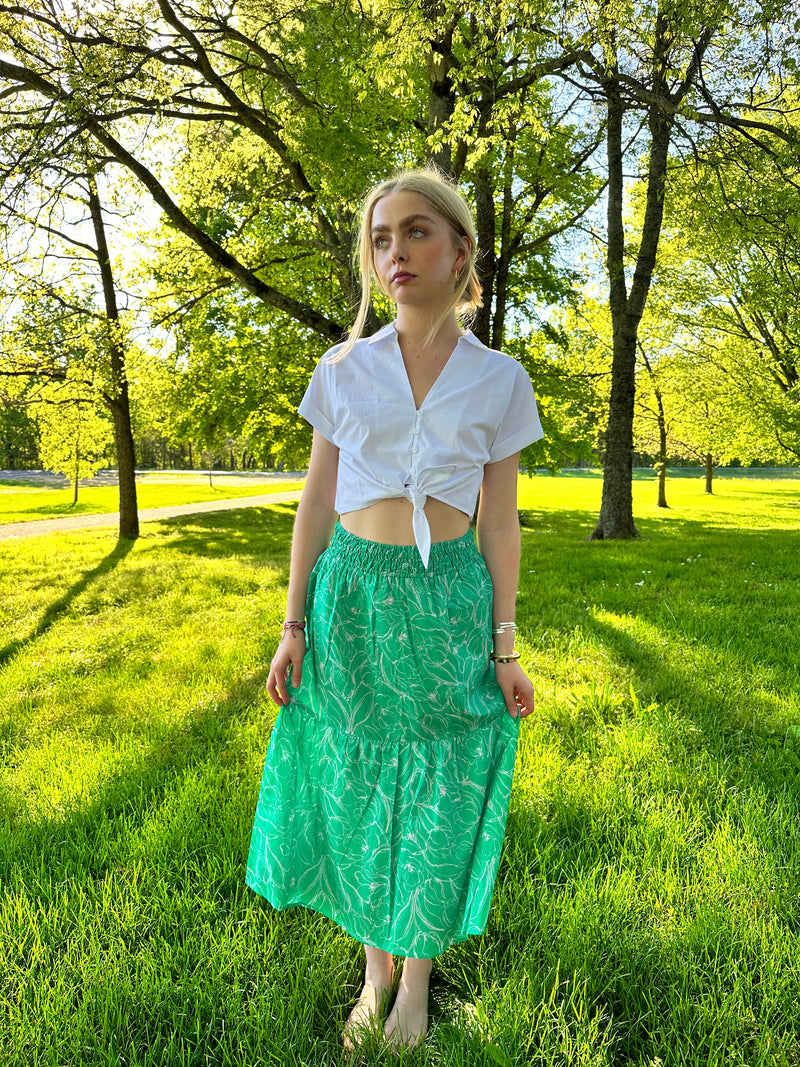 Thea Green Smocked Midi Skirt
