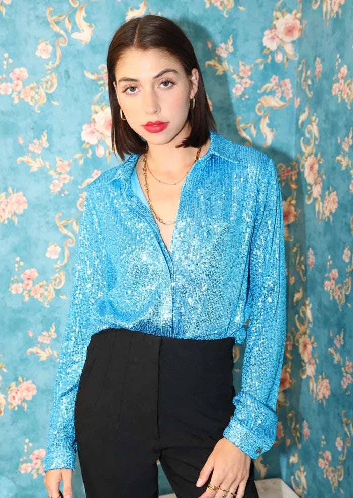 Kim Sequin Button Up Light Blue